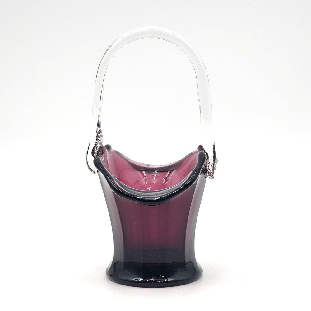 Mosser Amethyst Purple Glass Mini Basket Clear Handle Embossed M 7.5in Repaired - Picture 4 of 12